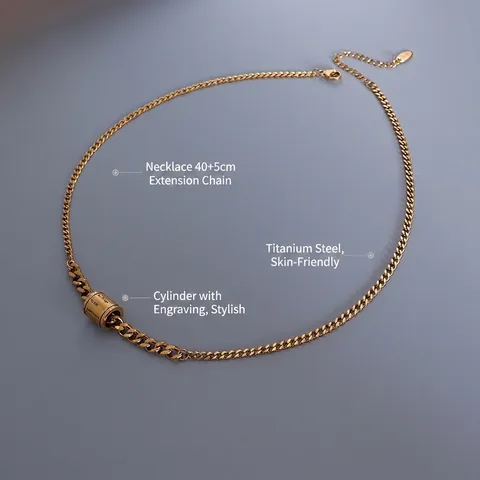 Titanium Steel Spliced Chain Necklace Gold Plated Cylindrical Pendant Engraved Lettering Hip Hop Fashion Jewelry
