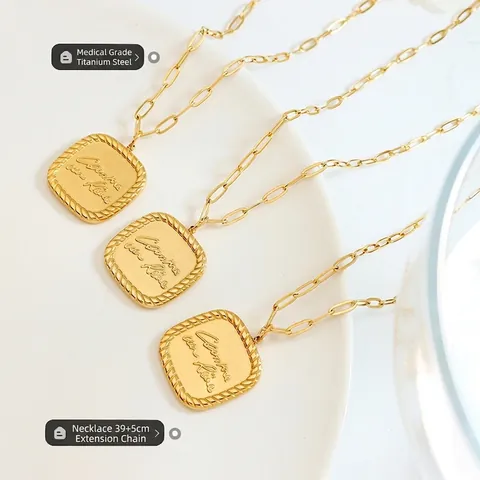 Vintage French Square Medal Necklace 18K Gold Plated Titanium Steel Engraved Script Paperclip Link Chain For Women
