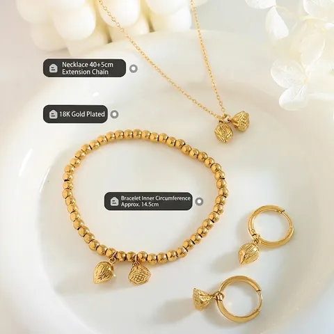 Collana Bracciale Orecchini Ciondolo Baccello Di Loto Acciaio Al Titanio Placcato Oro 18K Gioielli Eleganti Donna