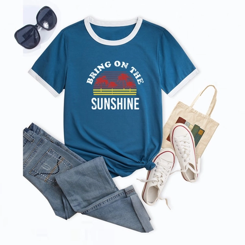 Women Vintage Sunset Palm Tree Print Ringer T-Shirt Cotton Blend Round Neck Short Sleeve Contrast Trim Casual Summer Top