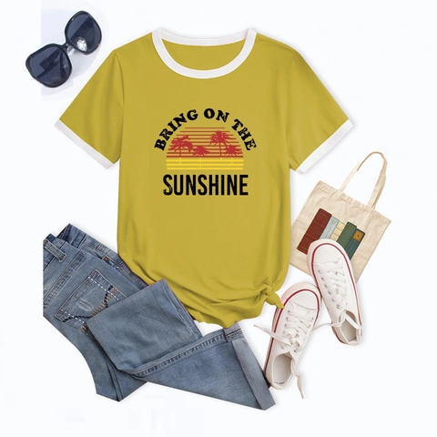 Women Vintage Sunset Palm Tree Print Ringer T-Shirt Cotton Blend Round Neck Short Sleeve Contrast Trim Casual Summer Top
