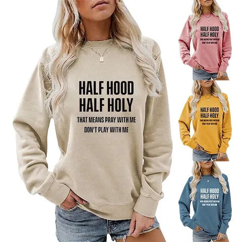 Sudadera Para Mujer Cuello Redondo Manga Larga Mezcla Algodón Holgada Informal Estampado Letras Half Hood Half Holy
