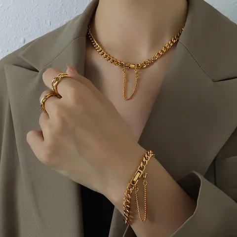 Estilo Ins Acero de Titanio Chapado en Oro Cadena Gruesa Collar Pulsera Joyería Hebilla de Borla Cadena de Clavícula Accesorios Unisex