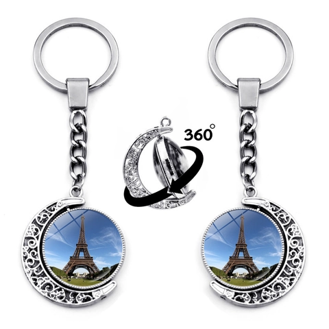 Eiffel Tower Rotating Moon Keychain Zinc Alloy Glass Cabochon Paris Souvenir Pendant For Bag Car Keys Retro Art Jewelry Gift