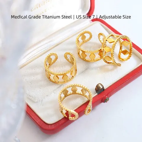 Titanium Steel 18K Gold Plated Rhombus Hollow Open Ring Minimalist Geometric Adjustable Finger Ring For Women Daily Fashion Jewelry