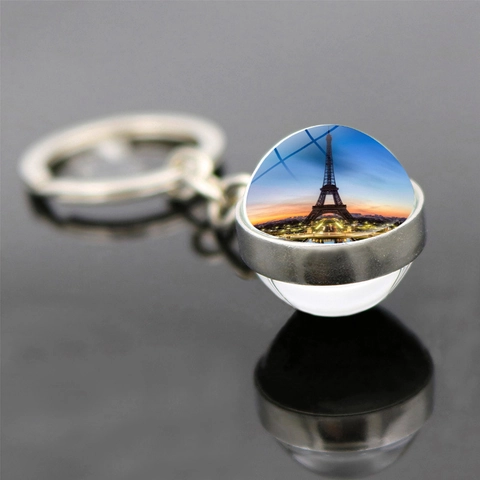 Llavero de la Torre Eiffel de París Colgante de Bola de Vidrio de Doble Cara Aleación de Zinc Souvenir para Viajes