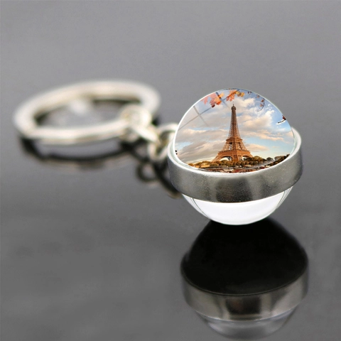 Llavero de la Torre Eiffel de París Colgante de Bola de Vidrio de Doble Cara Aleación de Zinc Souvenir para Viajes