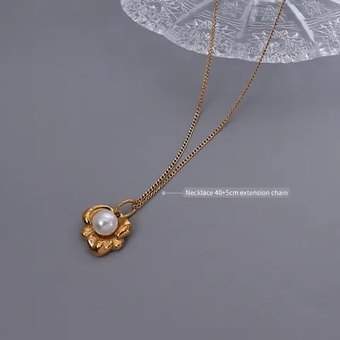 Lotus Flower Pendant Necklace Titanium Steel 18K Gold Plated White Imitation Artificial Pearl Vintage Ins Style Jewelry For Women