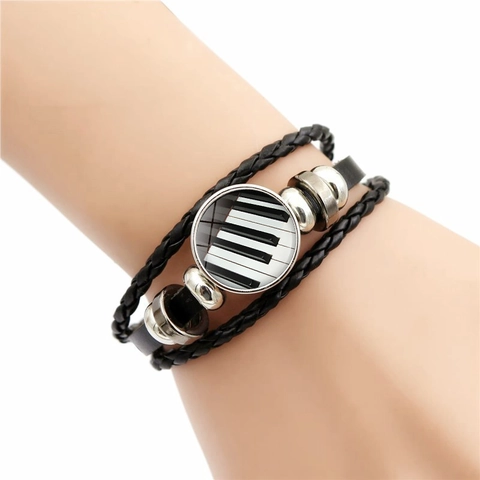 Pulsera Multicapa De Cuero Trenzado Tema Musical Teclas De Piano Corazón Clave De Sol Aleación Cristal Ajustable Retro Punk Unisex