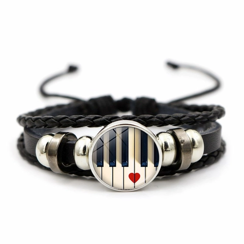 Pulsera Multicapa De Cuero Trenzado Tema Musical Teclas De Piano Corazón Clave De Sol Aleación Cristal Ajustable Retro Punk Unisex