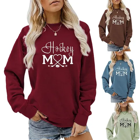 Γυναικείο Φούτερ Hockey Mom Με Γράμματα Μακρυμάνικο Στρογγυλή Λαιμόκοψη Βαμβακερό Πουλόβερ Casual Τοπ