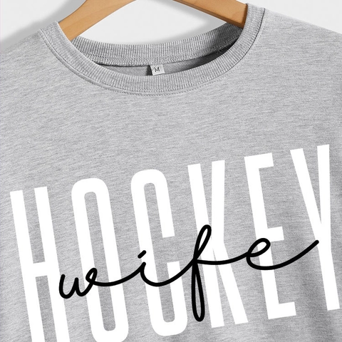 Felpa Donna Girocollo Manica Lunga Morbida Misto Cotone Stampa Hockey Wife Pullover Sportivo Casual Top