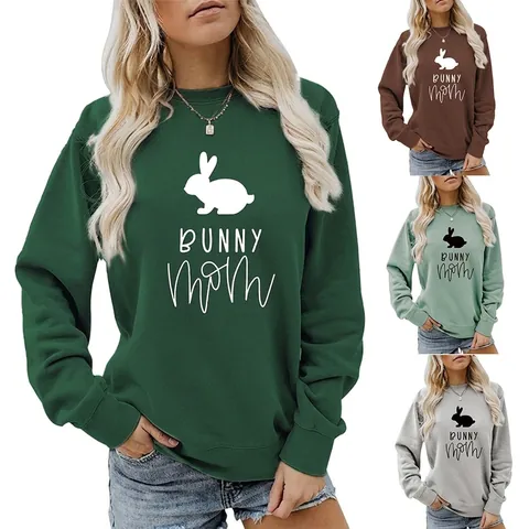Women's Casual Cotton Blend Round Neck Sweatshirt Loose Long Sleeve Top With Bunny Mom Rabbit Print Pattern Pullover