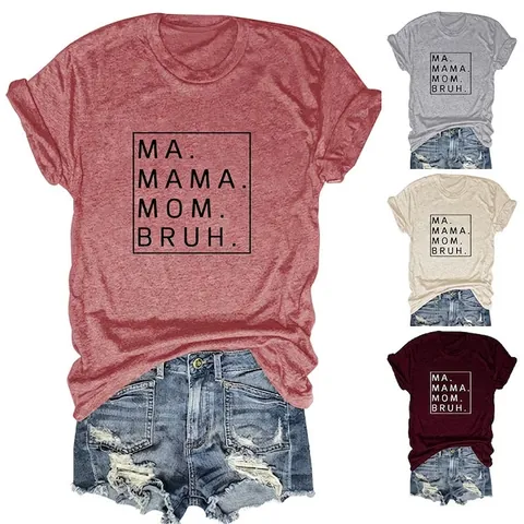 Women Casual Cotton Blend T-Shirt Funny Mama Mom Bruh Letter Print O-Neck Short Sleeve Loose Fit Graphic Tee Top