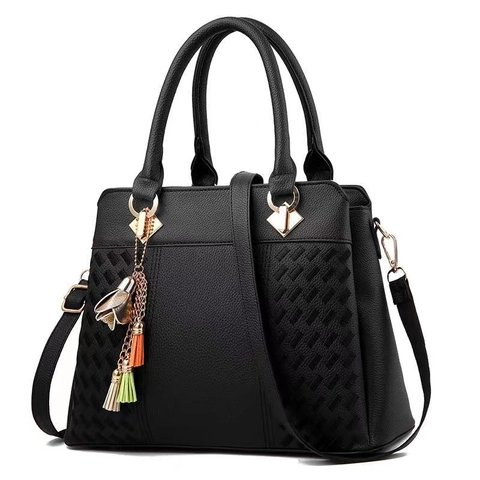 Damen PU Leder Handtasche Lychee Narbung Gewebtes Muster Schulter Umhängetasche Tote Mit Quastenanhänger Goldene Hardware
