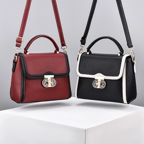 Bolso Bandolera Para Mujer Cuero PU Grano Litchi Color En Contraste Gran Capacidad Elegante Bolso Con Cierre Dorado