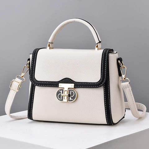 Bolso Bandolera Para Mujer Cuero PU Grano Litchi Color En Contraste Gran Capacidad Elegante Bolso Con Cierre Dorado