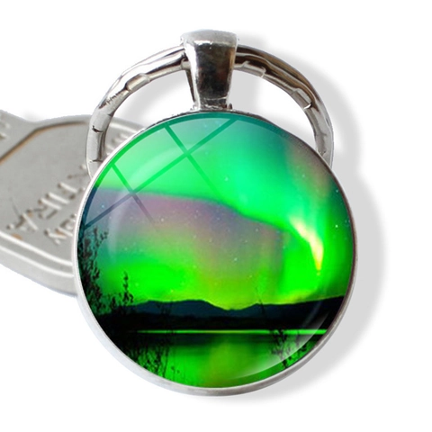 Aurora Borealis Northern Lights Time Gem Keychain Zinc Alloy Glass Cabochon Nature Landscape Key Ring Bag Hanging Ornament