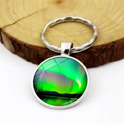 Aurora Borealis Northern Lights Time Gem Keychain Zinc Alloy Glass Cabochon Nature Landscape Key Ring Bag Hanging Ornament