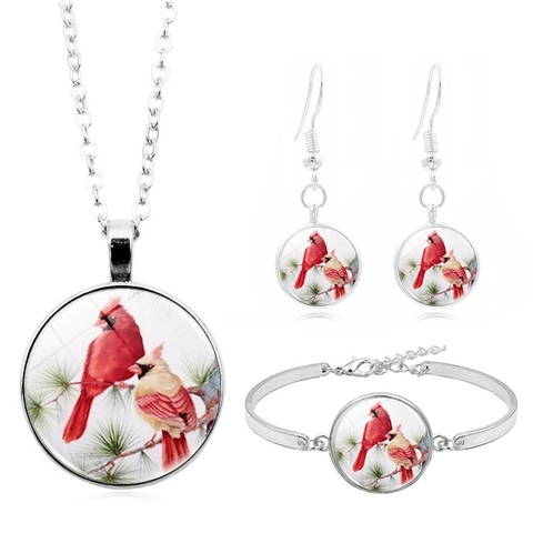 Set di Collana Bracciale e Orecchini Cardinale Rosso in Lega e Vetro Vintage Placcato Argento Gioielli da Donna Cabochon