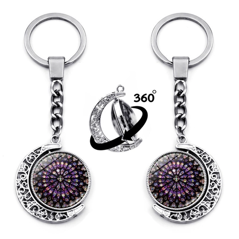 Vintage Metal Moon Rotating Keychain Notre Dame Stained Glass Mandala Art Double Sided Time Gem Key Ring Souvenir Gift