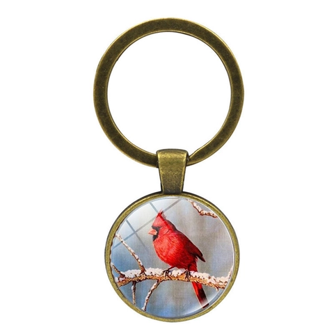 Vintage Zinc Alloy Cardinal Bird Time Gem Keychain Round Glass Pendant Bronze Metal Keyring For Men Women Gift Jewelry Accessories