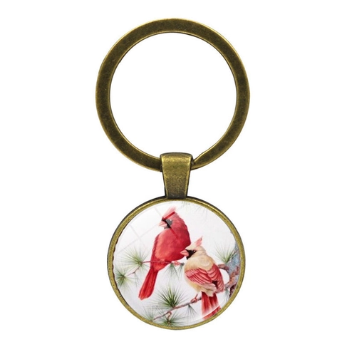 Vintage Zinc Alloy Cardinal Bird Time Gem Keychain Round Glass Pendant Bronze Metal Keyring For Men Women Gift Jewelry Accessories