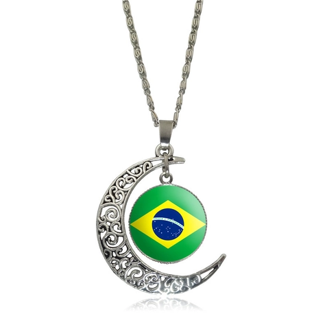 Vintage Hollow Moon National Flag Necklace Glass Cabochon Alloy Pendant Jewelry For Women Travel Souvenir Silver Color