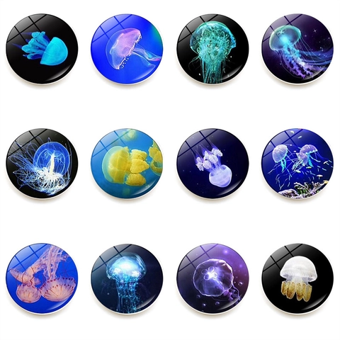 Refrigerator Magnets Crystal Glass Round Jellyfish Ocean Theme Decorative Whiteboard Magnetic Stickers