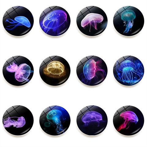 Refrigerator Magnets Crystal Glass Round Jellyfish Ocean Theme Decorative Whiteboard Magnetic Stickers