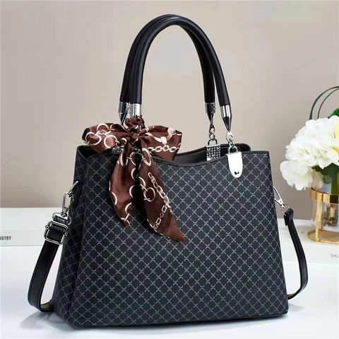 Women Handbag PU Leather Plaid Pattern With Satin Scarf Decor Retro Top Handle Crossbody Bag Elegant Casual Style