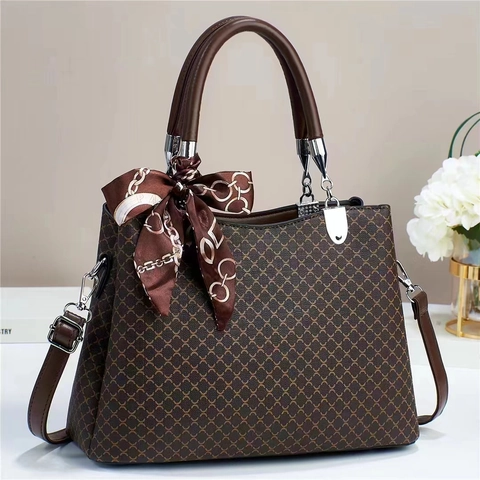 Women Handbag PU Leather Plaid Pattern With Satin Scarf Decor Retro Top Handle Crossbody Bag Elegant Casual Style