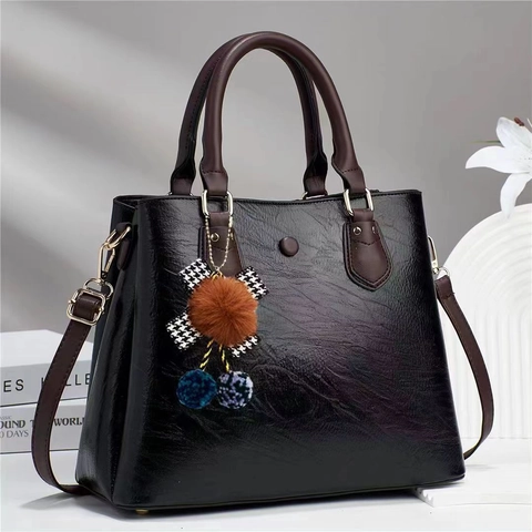 Women Vintage Large Capacity Bucket Handbag PU Leather Contrast Handle Shoulder Bag Pom Pom Pendant Ribbon