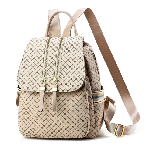 Women Fashion Grid Pattern Synthetic Leather Backpack Large Capacity Travel Bag With Contrast Striped Webbing Gold Accents