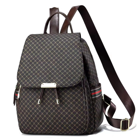 Women Fashion Grid Pattern Synthetic Leather Backpack Large Capacity Travel Bag With Contrast Striped Webbing Gold Accents
