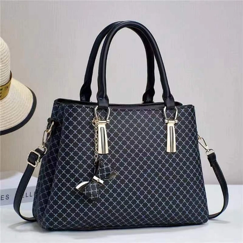 Women PU Leather Handbag X Print Triple Compartments Retro Large Capacity Tote Bag With Bow Pendant Removable Strap