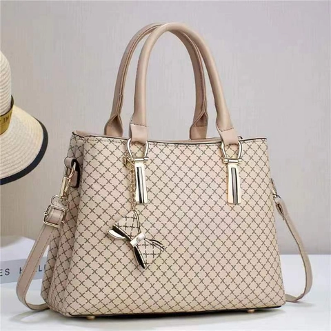 Women PU Leather Handbag X Print Triple Compartments Retro Large Capacity Tote Bag With Bow Pendant Removable Strap