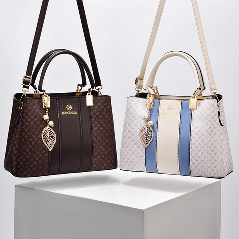 Boston Handbag PU Leather Monogram Print Shoulder Crossbody Bag With Leaf Artificial Pearl Pendant For Women Retro Style Large Capacity