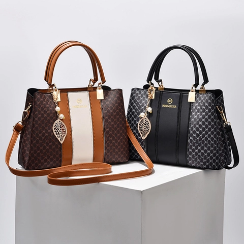 Boston Handbag PU Leather Monogram Print Shoulder Crossbody Bag With Leaf Artificial Pearl Pendant For Women Retro Style Large Capacity