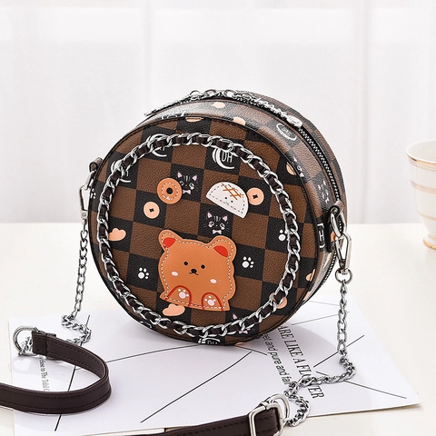Cute Round Crossbody Bag PU Leather Checkerboard Pattern Cartoon Bear Patches Chain Shoulder Strap Fashion Women