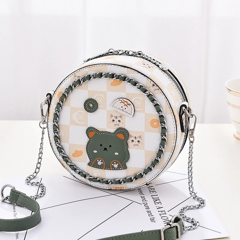 Cute Round Crossbody Bag PU Leather Checkerboard Pattern Cartoon Bear Patches Chain Shoulder Strap Fashion Women