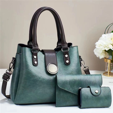 Set di Borse Tote E Pochette E Porta Carte in Pelle PU da Donna Motivo Litchi Vintage Grande Capacità Borsa a Tracolla