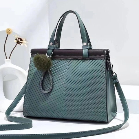 Women Handbag PU Leather Large Capacity V-Quilted Embossed Tote With Fur Ball Charm Retro Shoulder Crossbody Bag