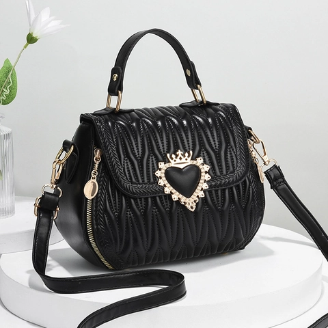 Wave Quilted PU Leather Handbag Heart Crown Metal Buckle Elegant Shoulder Crossbody Bag For Women Daily Party Style