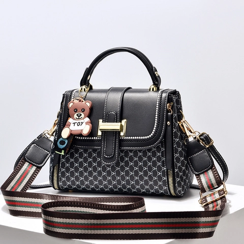 Women Fashion Letter Print Crossbody Bag Retro PU Leather Small Square Handbag With Bear Pendant Wide Stripe Strap For Daily Use