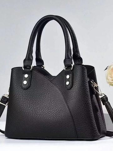 Women Litchi Grain PU Leather Handbag Stitched Rivet Shoulder Crossbody Bag Large Capacity Commute Travel Casual