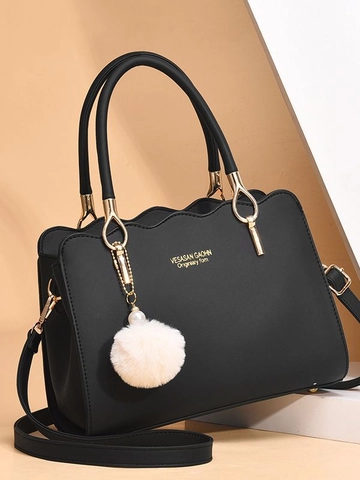 Bolso de Mano de Cuero PU para Mujer con Borde Festoneado Moda Color Sólido Bolso con Asa Con Pompón Bolso de Hombro Bandolera