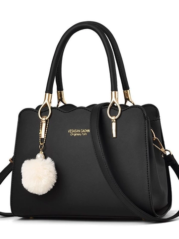 Bolso de Mano de Cuero PU para Mujer con Borde Festoneado Moda Color Sólido Bolso con Asa Con Pompón Bolso de Hombro Bandolera