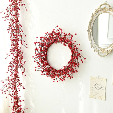 Christmas Artificial Red Berry Wreath Holiday Wall Hanging Decoration Gold Berry Vine Garland For Front Door Home Decor