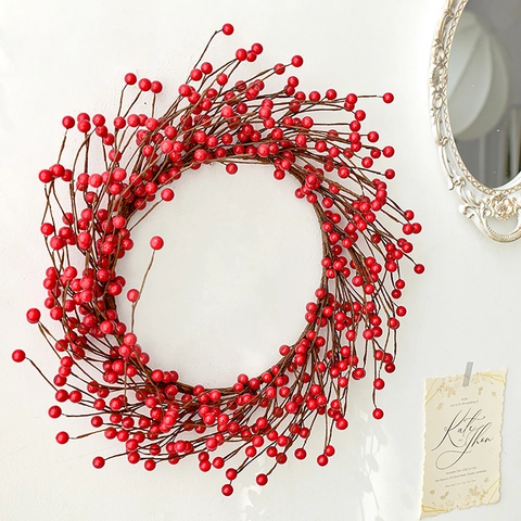 Christmas Artificial Red Berry Wreath Holiday Wall Hanging Decoration Gold Berry Vine Garland For Front Door Home Decor